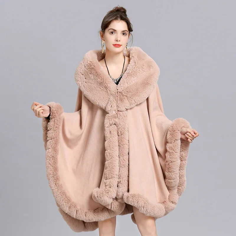 16 Colors Winter Streetwear Cloak Women Black Faux Cashmere Big Pendulum Long Poncho Cape String Fox Collar Fur Loose Shawl Coat