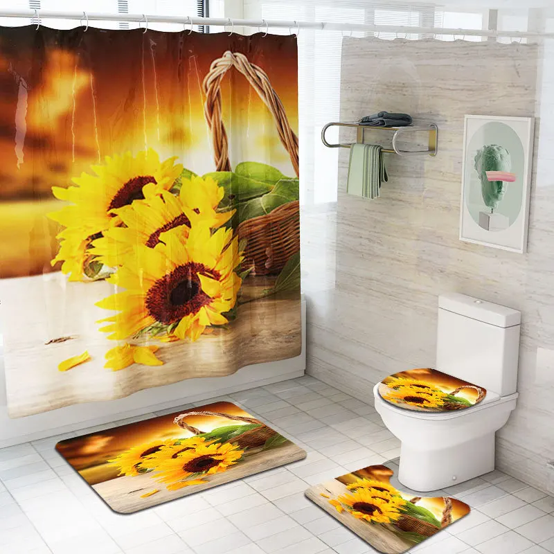

Flower Shower Curtain And Bath Mat set Rug Toilet Lid Cover Toilet Polyester Cover Shower Curtain Sets With Rug
