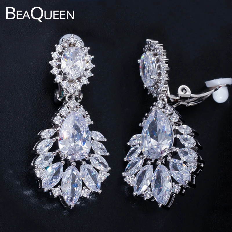 White BeaQueen потрясающий ААА+ кубический цирконий камень без проколов без отверстия серьги женские Ушная клипса свадебные серьги без пирсинга E156 - Окраска металла: White