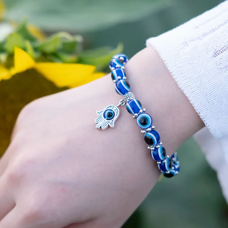 

Fashion 8 mm Turkish Blue Evil Eye Palm Bracelets for Women Men Beaded Jewelry Lucky Owl Elephant Charm Elasticity Couple Gifts