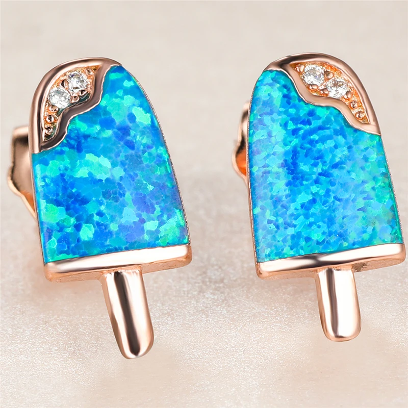 

Boho Female Crystal Small Stud Earrings Classic Rose Gold Color Wedding Earrings Trendy Ice Cream Blue Opal Earrings For Women