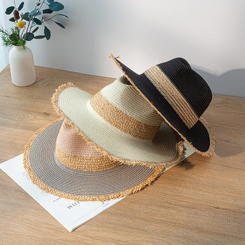 Ladies Summer Hat Retro Color Matching Straw Sunscreen Sun Visor Jazz Top Big Brim Vacation Beach | Аксессуары для одежды