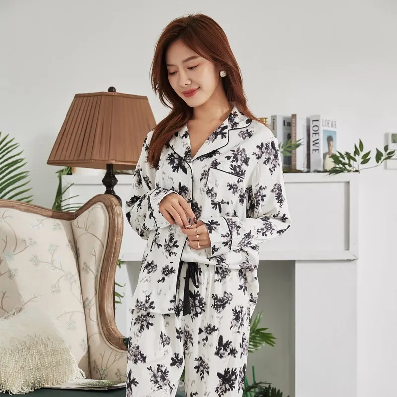 

Women's Pajamas Sets New Silk Pyjamas Suits Female Pijama Simple And Elegant Printed Cardigan Long-Sleeved Trousers Home Service