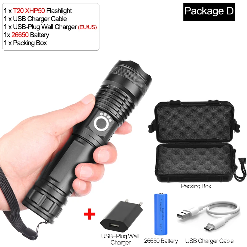 Package D 7500 люменов XLamp 3* XHP50 самый мощный светодиодный фонарик usb Zoom фонарь xhp70.2 xhp50 18650 или 26650 перезаряжаемый аккумулятор для охоты - Испускаемый цвет: Package D