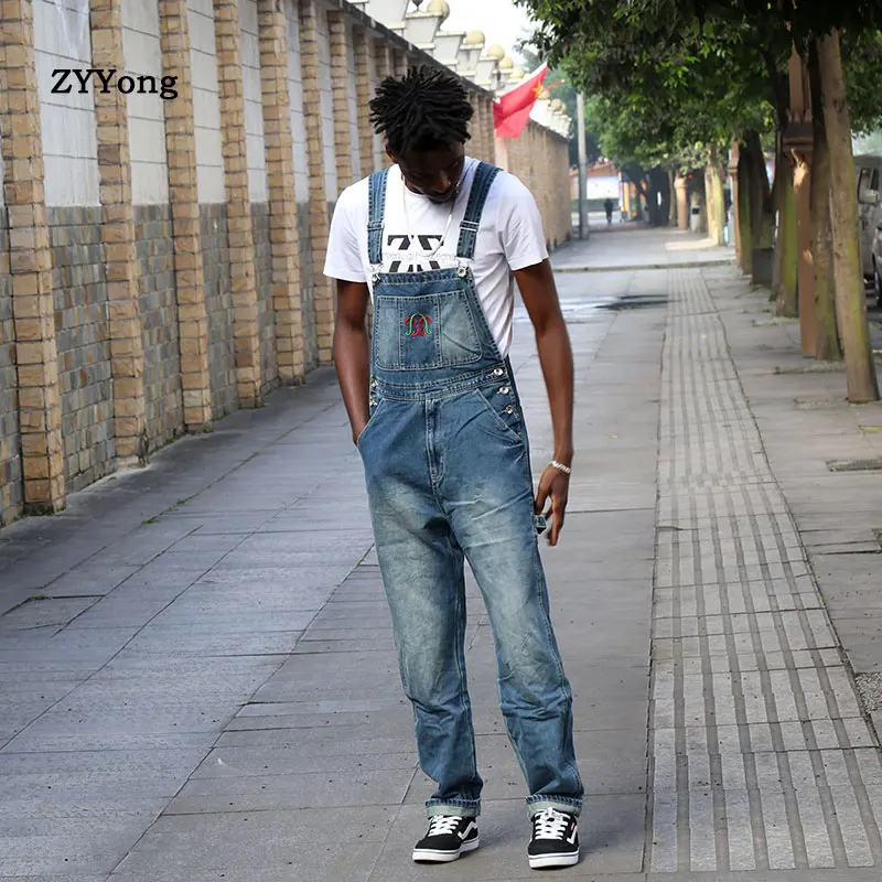 ZYYong Stylish Men's Jeans Jumpsuit Comfortable Loose Hip-Hop Street Clothes Men's Pants Denim Bib Overalls Men's Suspenders