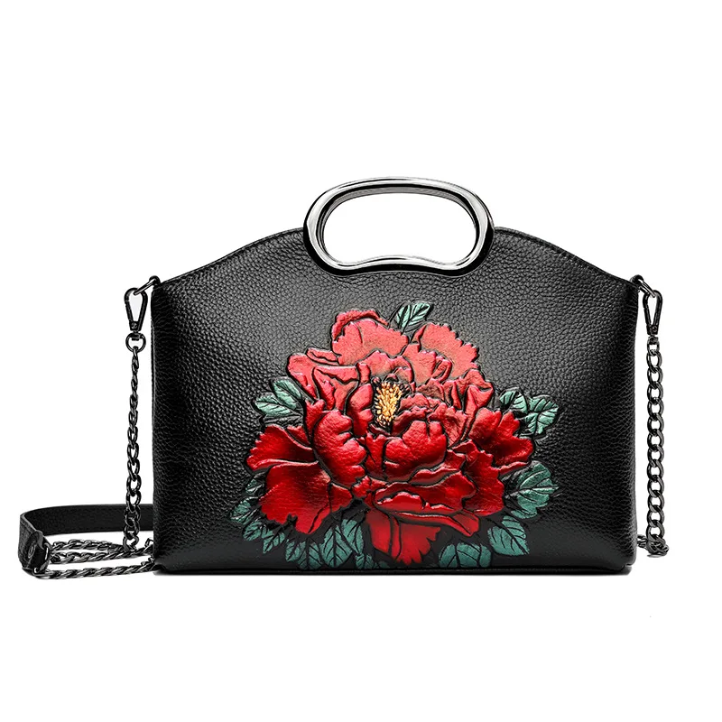 

floral women's bag soft genuine leather shoulder bags luxury brand female handbag casual women crossbody bag with chain