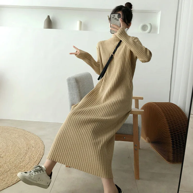 

Зимний Универсальный пуловер с высоким воротником юбка корейский длинный свитер вязаное выше колена платье