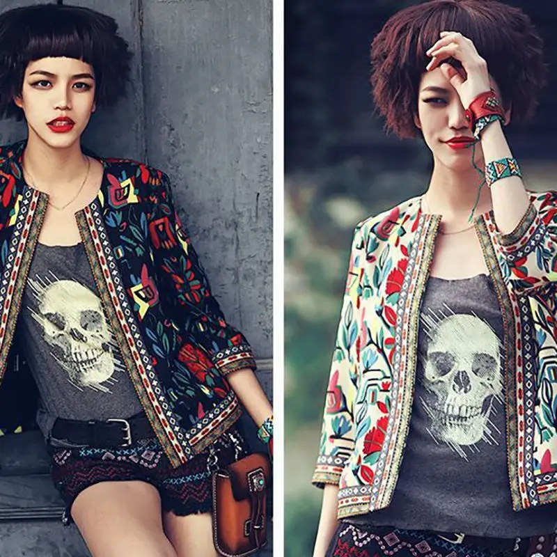

Outerwear Women's Embroidered Jackets Coats Winter Fashion Tribal Print Office Vintage O-neck Long Sleeve Jacket