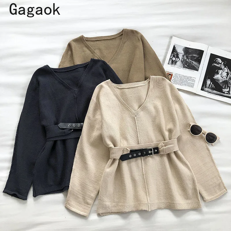 

Lady Fashion Knit Sweaters Women 2020 Spring Autumn New V-Neck Sashes Full Chic Wild Simple Korean Pullovers K3961
