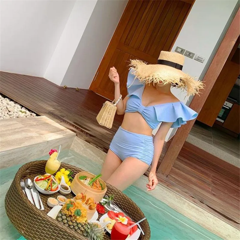 

Large Lace Sky-Blue Sexy Holiday Bikini Split Ladies Swimsuit