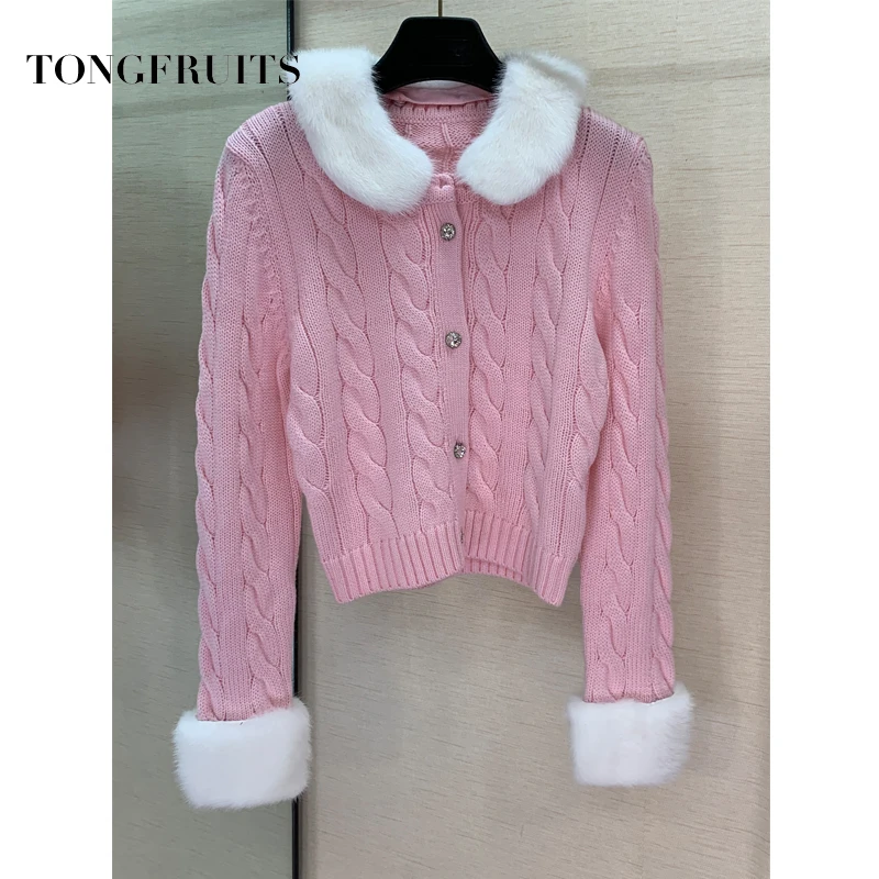 Белый норковый меховой воротник твист свитера Soild с длинным рукавом Femme