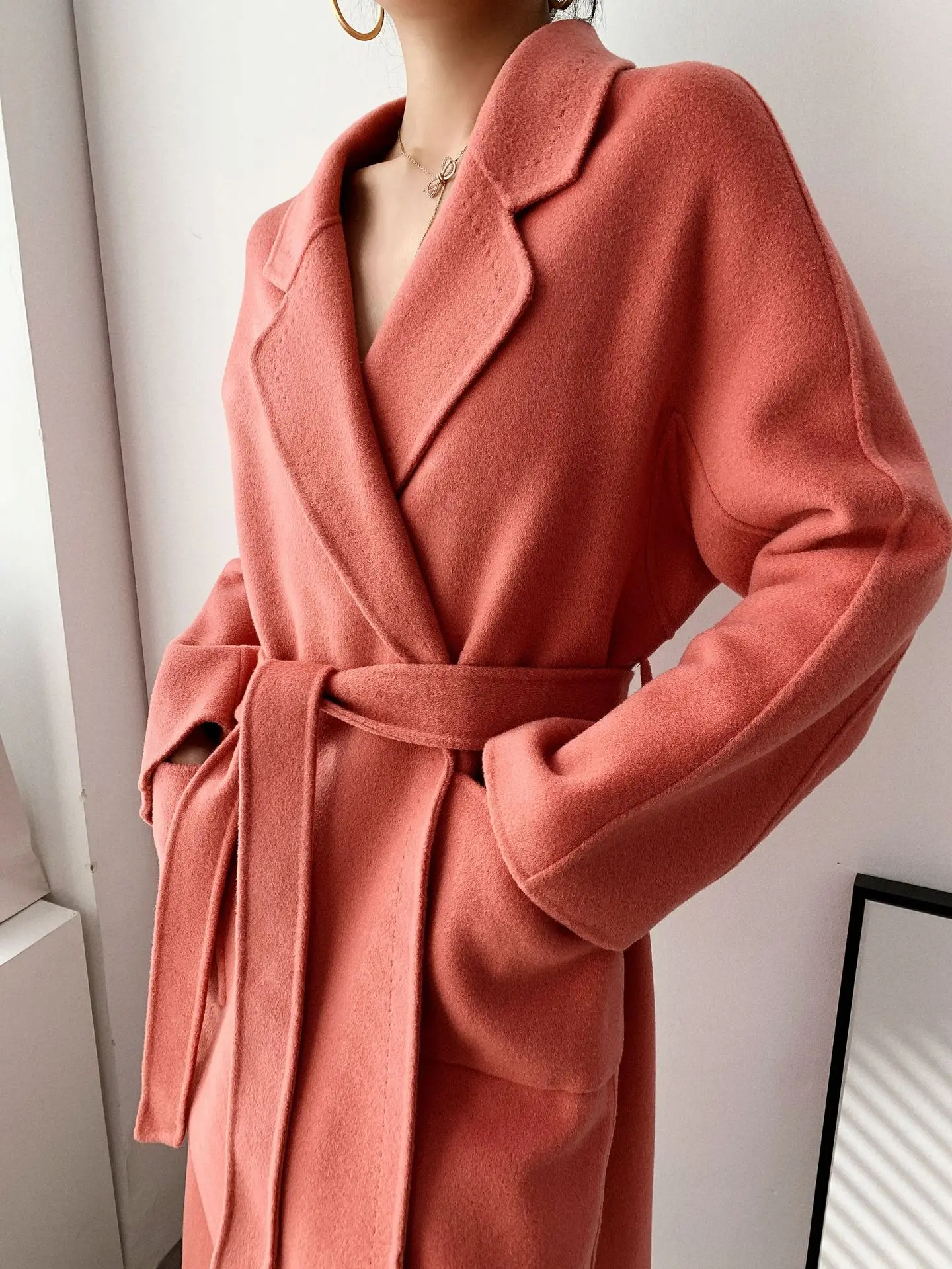 2020 Korean new double-sided woolen coat women's cedar powder solid cashmere | Женская одежда