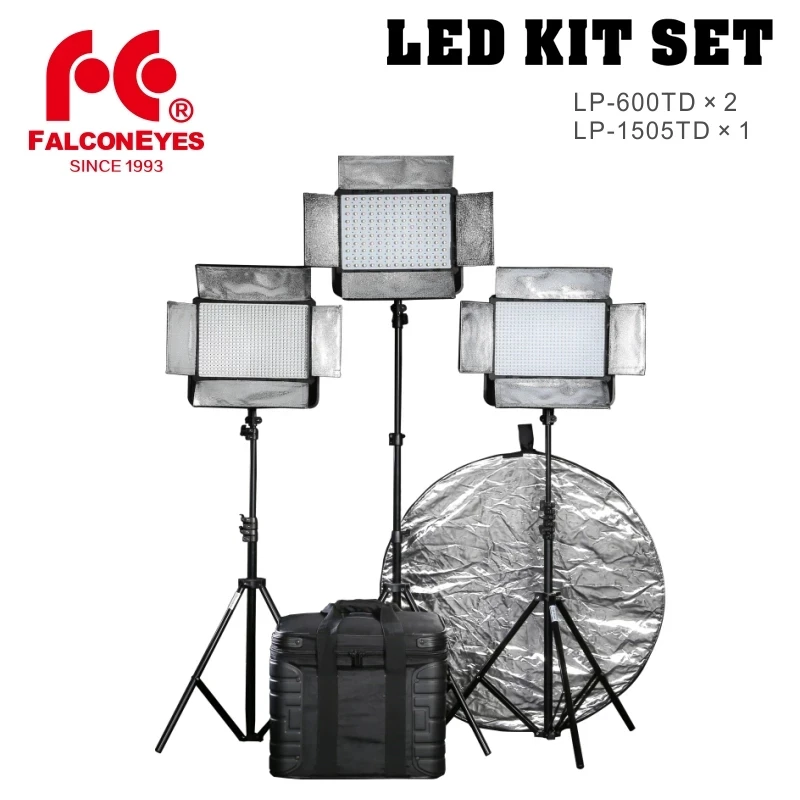 

Falconeyes 36W LED Studio Light With LCD Screen LP-600TD*2+75W Professional Video Light LP-1505TD Photography Equipment Kit Set