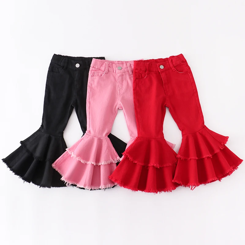 

Girlymax Valentine's Day Baby Girls Kidswear Outfits Children Pink Red Tight Bell-bottoms Denim Jeans Pants Elastic All-match