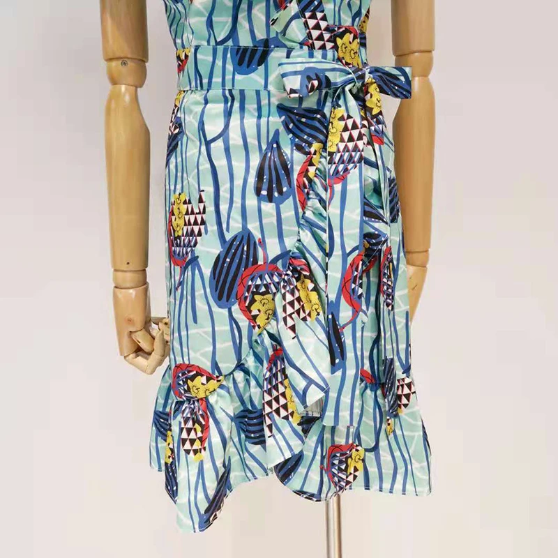 

VGH Blue Print Vintage Dress For Women V Neck Flying Sleeve High Waist Hit Color Pleated Mini Dresses Female Summer Clothing New