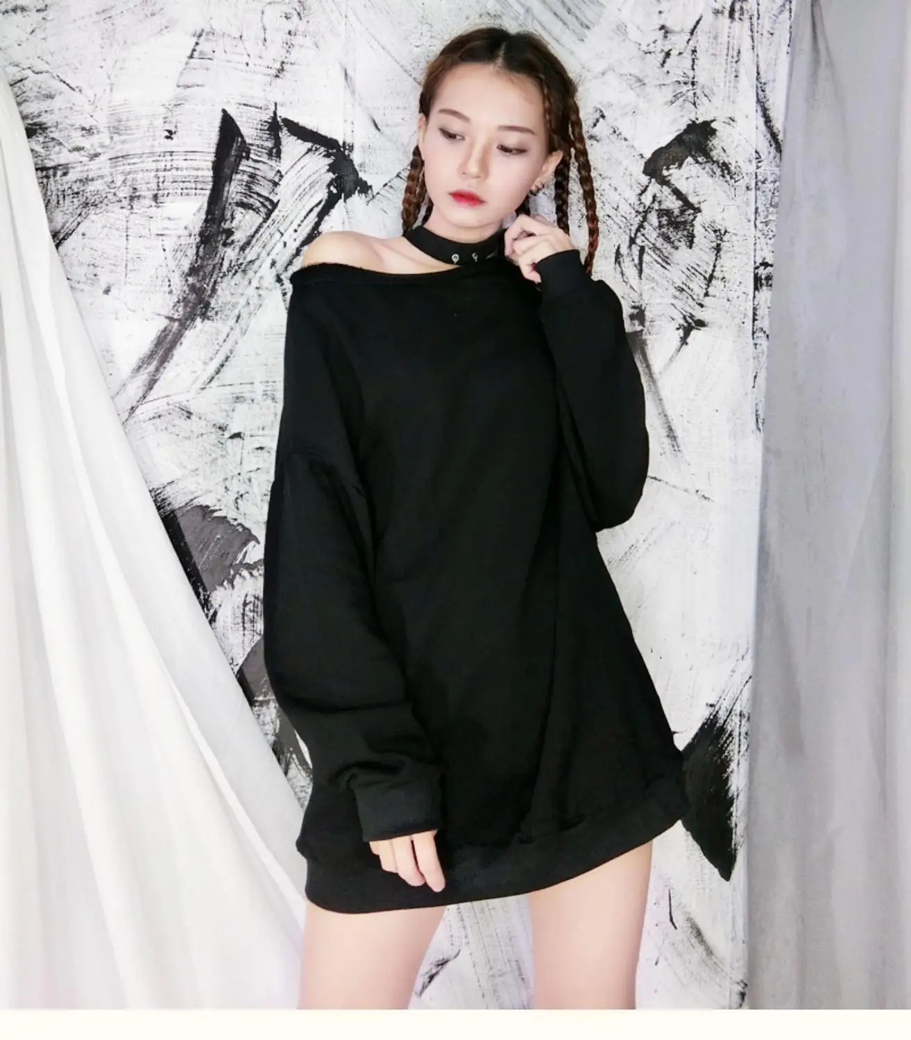 Осенняя Женская Повседневная Толстовка в стиле панк с длинным рукавом черные