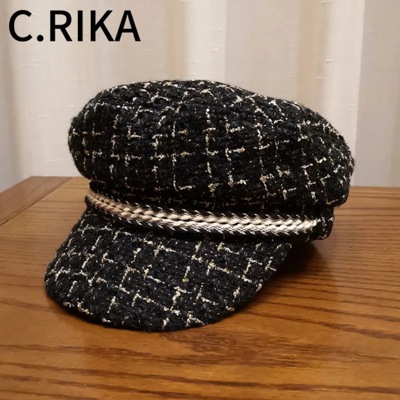 Кепка Женская твидовая в клетку модный винтажный берет стиле милитари с плоским