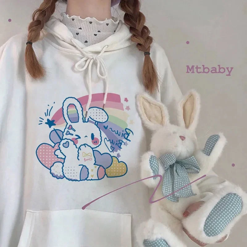 HOUZHOU Anime Hoodie Women Kawaii Cute Rabbit Print Pullovers Aesthetic Soft Girl Long Sleeve Oversize Sweet Sweetshirts Fashion