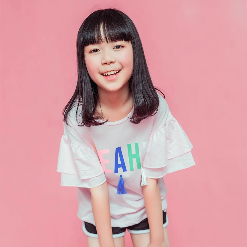 

Футболка для девочек-подростков из хлопка, с коротким рукавом, с буквенным принтом, с бахромой, топ для больших девочек, детская одежда на ле...