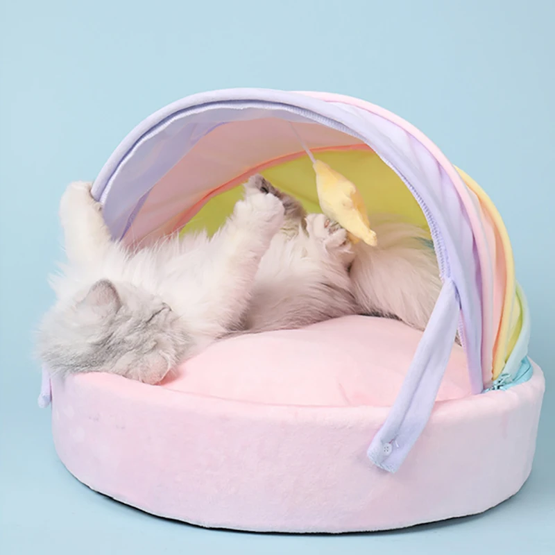

Cat Rainbow Bed Half-Enclosed House Soft Cozy For Small Dog Breathable Deep Sleep Nest Cushion Soft Round Bed Cat Accessories