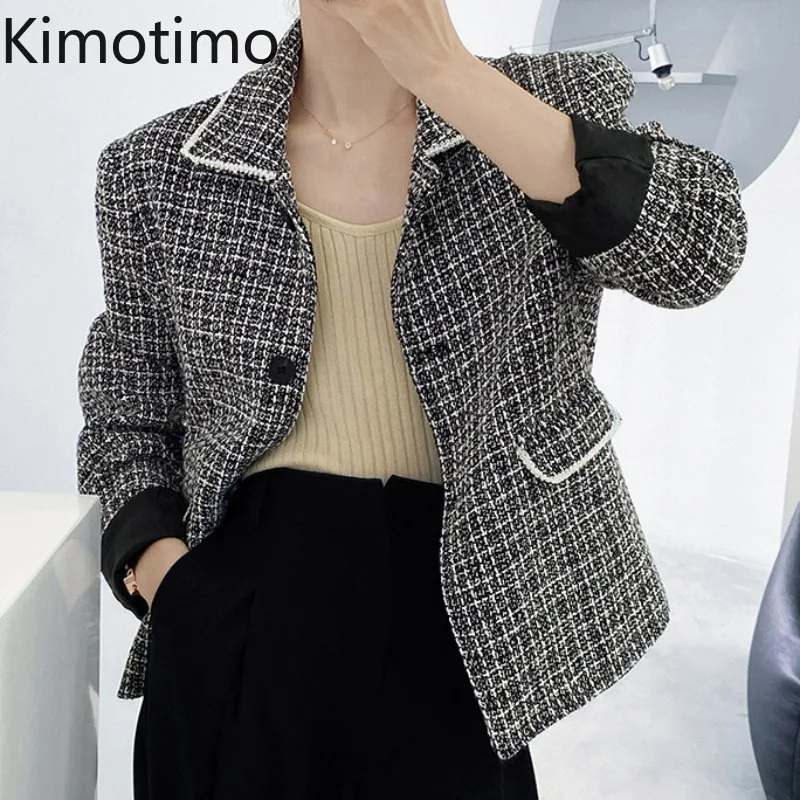 

Винтажные твидовые пальто Kimotimo, женские корейские шикарные высококачественные жакеты с отложным воротником и длинным рукавом, Осенние офи...