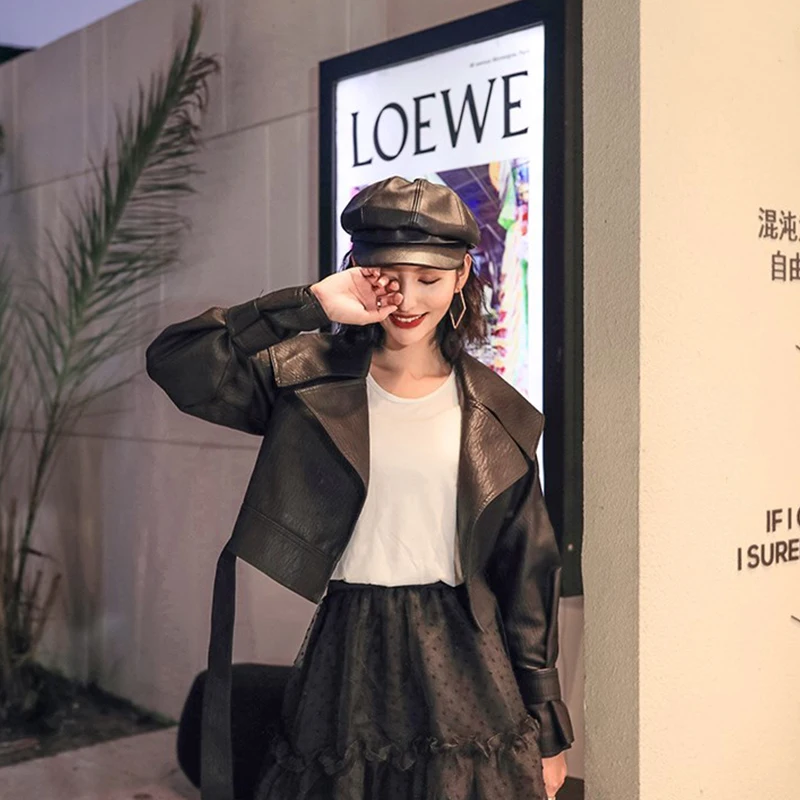 

Весеннее женское черное пальто, женская верхняя одежда, куртки из искусственной кожи, короткое пальто с отложным воротником и поясом, мотоц...