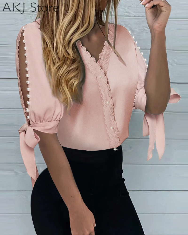 

Women Plain Bow Tie Boho Shirt Blouse Casual V-Neck Bead Design Solid Top Office Ladies Outfits