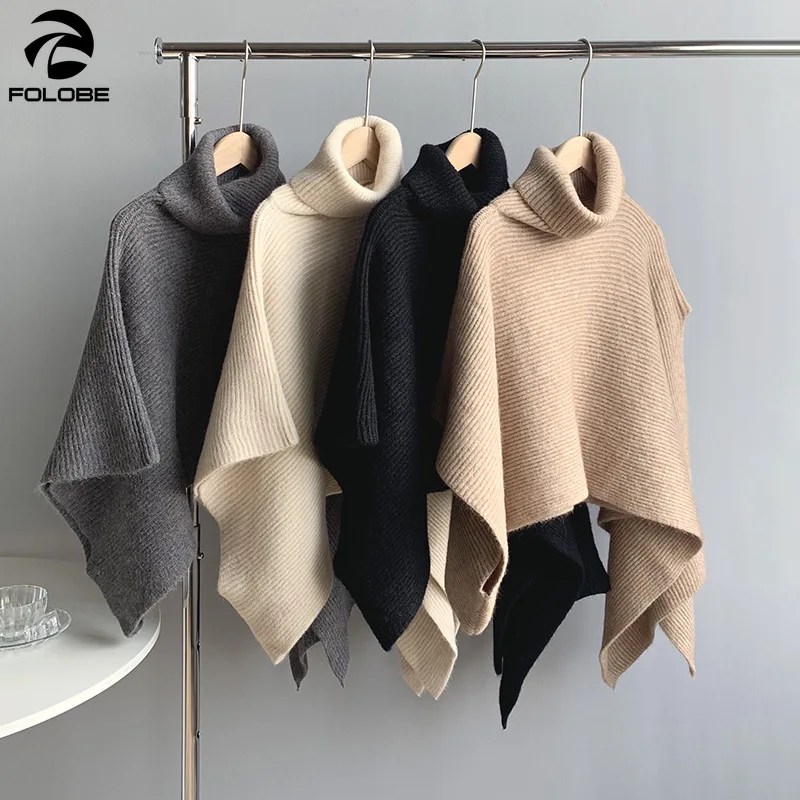 

FOLOBE 2020 Fashion Turtleneck Sweater Irregular Capes Solid Long Knitted Poncho Pullover Asymmetric Length Coat ponchos damas