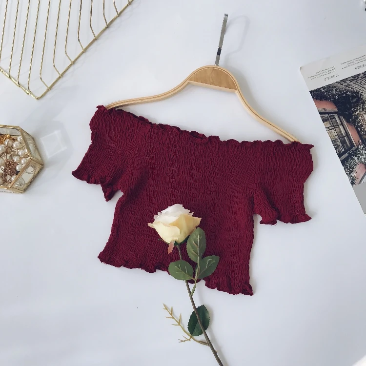 Short Tops Элегантная женская мини-рубашка с вырезом лодочкой, повседневная, милая, женская, короткий рукав, эластичная, высокая талия, тонкая блуза, сексуальная, короткий топ - Цвет: Short Tops