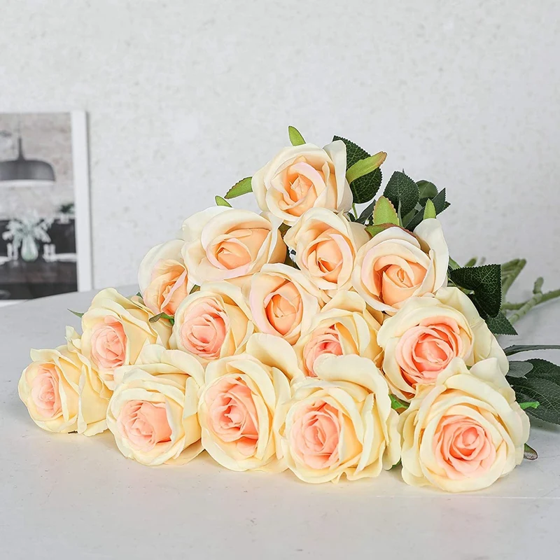 

12PCS Artificial Roses Fake Flowers Single Long Stem Blooms with Rose Buds Wedding Decoration Bridal Bouquet Flower