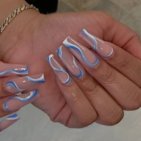 24pcs detachable ballerina long false nails blue pink white full coverage false nail tips wavy line nail art patches