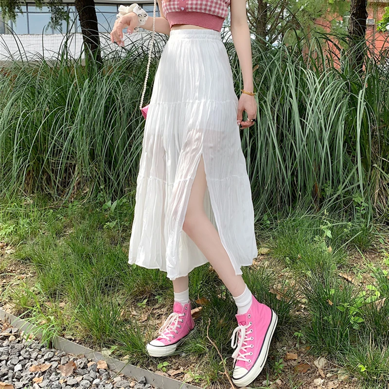 

2021 Summer New Sexy Split Elastic High Waist Thin Simple White Fairy Skirt Casual Loose Women A-line Long Skirt Free Shipping