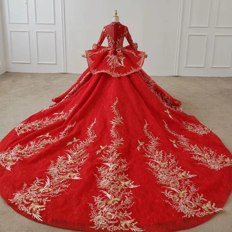 BGW HT41730 Peplum Wedding Dress Bird Applique Muslim Wedding Dress Red Lace Wedding Dress Pleat Wedding Gowns فستان زفاف