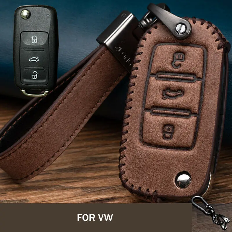 

Top Layer Genuine Leather Car Key Fob Cover Case Holder With Keychain For VW Golf Jetta Tiguan Passat Jetta