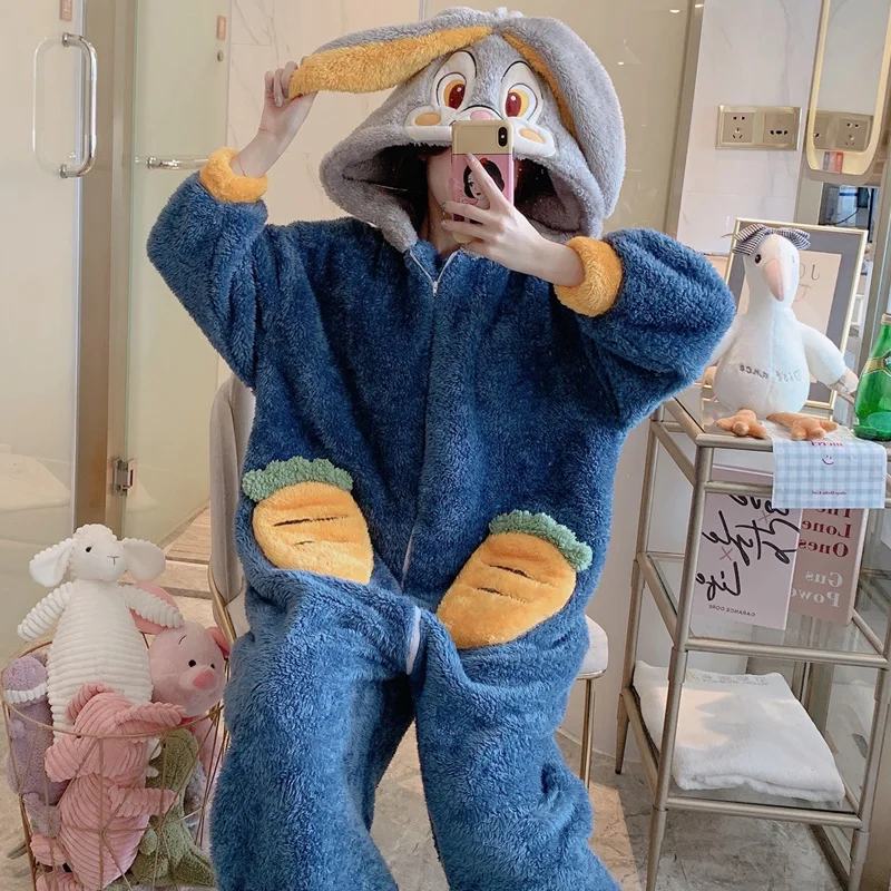 Female Animal Sleepwear Winter Zipper Flannel Pajamas Cute Women Loose Casual Kawaii One-Piece Cartoon Plush Hooded Nightgown