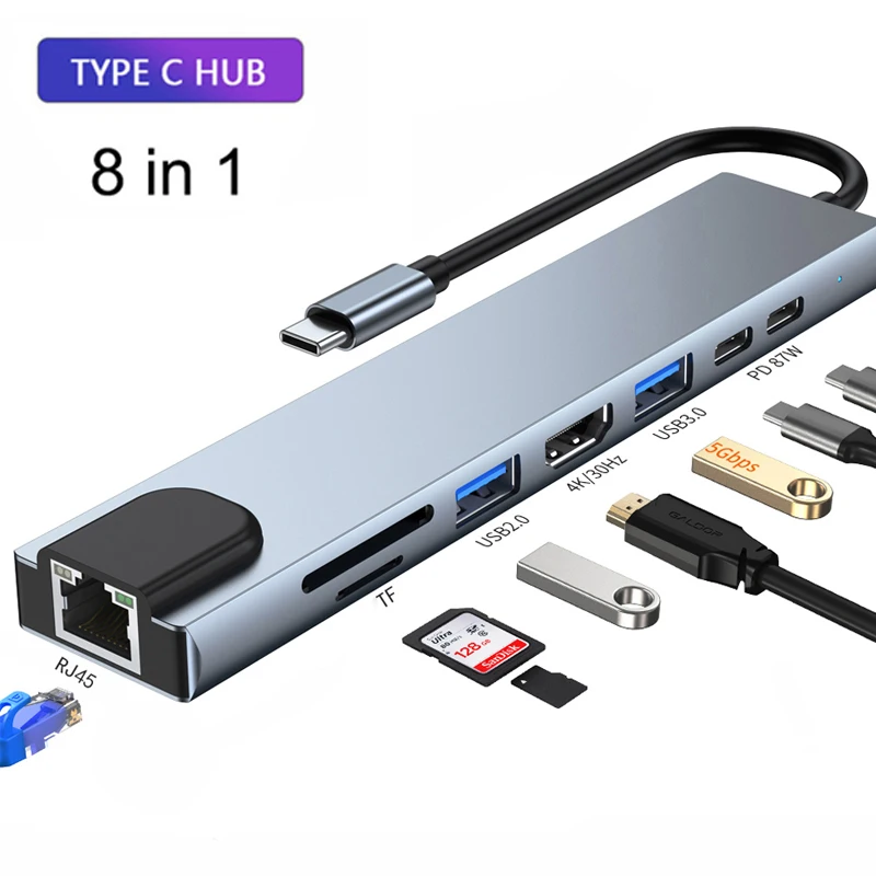 

8-IN-1 USB C Hub Type-C To 4K HDMI-Compatible RJ45 USB SD/TF Card Reader PD Fast Charge USB Dock for MacBook Air Pro PC HUB