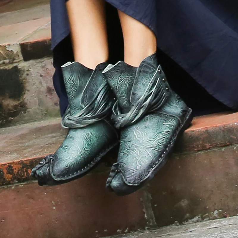 

VALLU 2018 Genuine Leather Women Boots Tassel Handmade Vintage Comfortable Shoes Woman Flat Ankle Boots