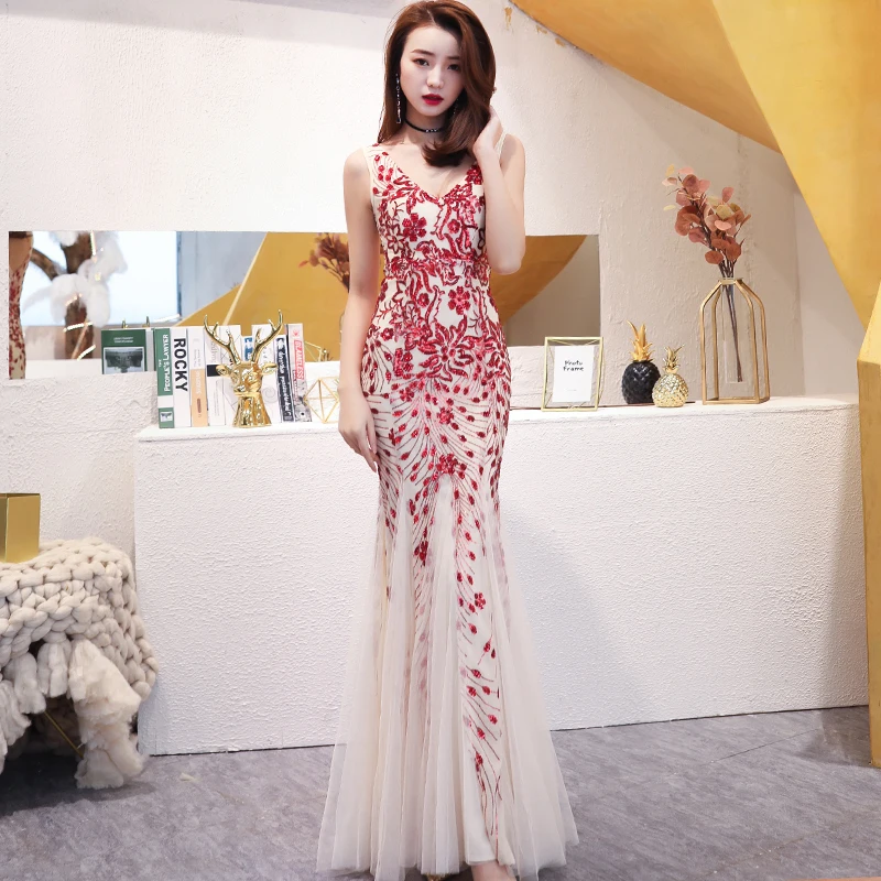 

2020 Women's Double V-neck Evening Dress Vestido de Festa Formal Party Dress Luxury Long Sequin Prom Gowns AE475