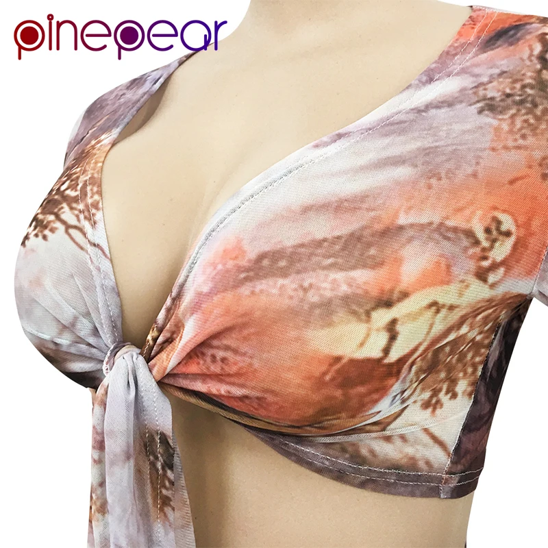 

PinePear 2020 Mesh See-Through V Neck Sexy Crop Top Shorts 2 Pieces Set Summer Women Fashion Print Outfits Clubwear Dropshipping