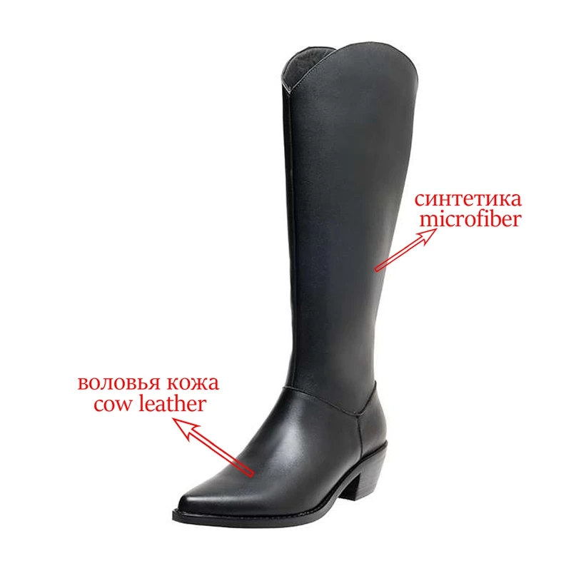 

Lenkisen new genuine leather pointed toe high heel western boots simple style young lady daily wear fashion knee-high boots L25
