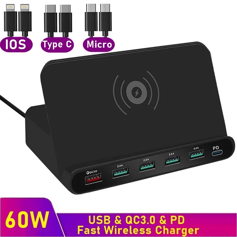 Tongdaytech Multi 5 Port USB Charger Qi Fast Wireless Charger Quick Charge QC3.0 Cargador Inalambrico For Iphone XS 8 11 Pro Max
