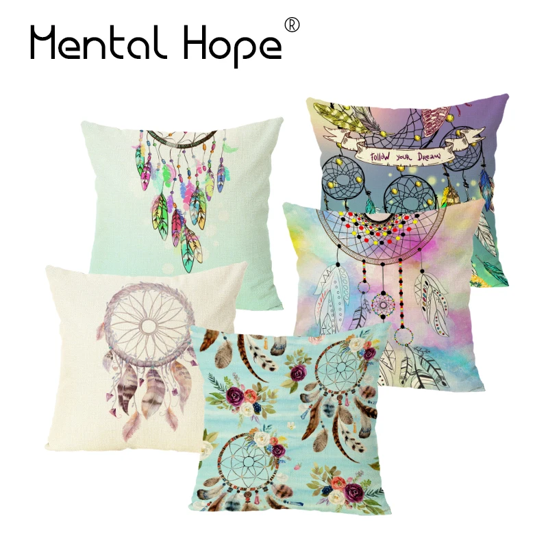 Декоративная наволочка с принтом Ловца снов льняная хлопковая рисунком перьев