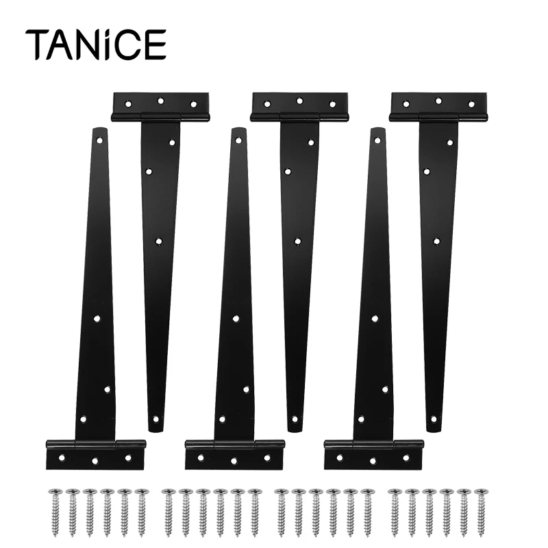 

TANiCE 6 шт. T-образные кованые металлические железные дверные петли для сарая сверхтяжелые дверные петли с винтами из нержавеющей стали для са...