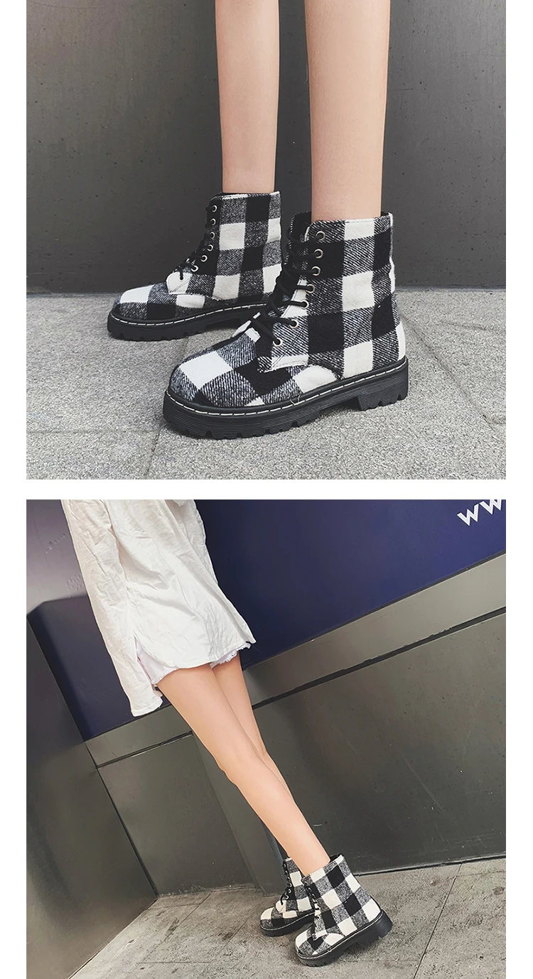 Winter Luxury Designer Patchwork Plaid Boots British Style Women Thick Heels Martin Boots Chic Plus Velvet Ladies Lace Up Shoes