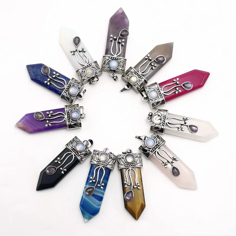 Reiki Natural Gem Stone Sword Pendants Pendulums Labradorite Pink Quartz Lapis Lazuli Black Obsidian Tiger Eye Jewelry 1PCS