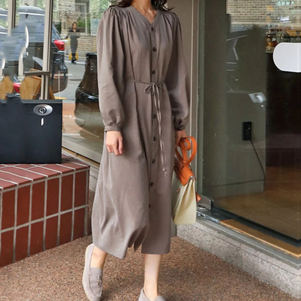 

Japan Style Fashion Designer Simplicity 2021 Summer Women's Dress Solid Color Loose Casual Lace Single-breasted V-neck