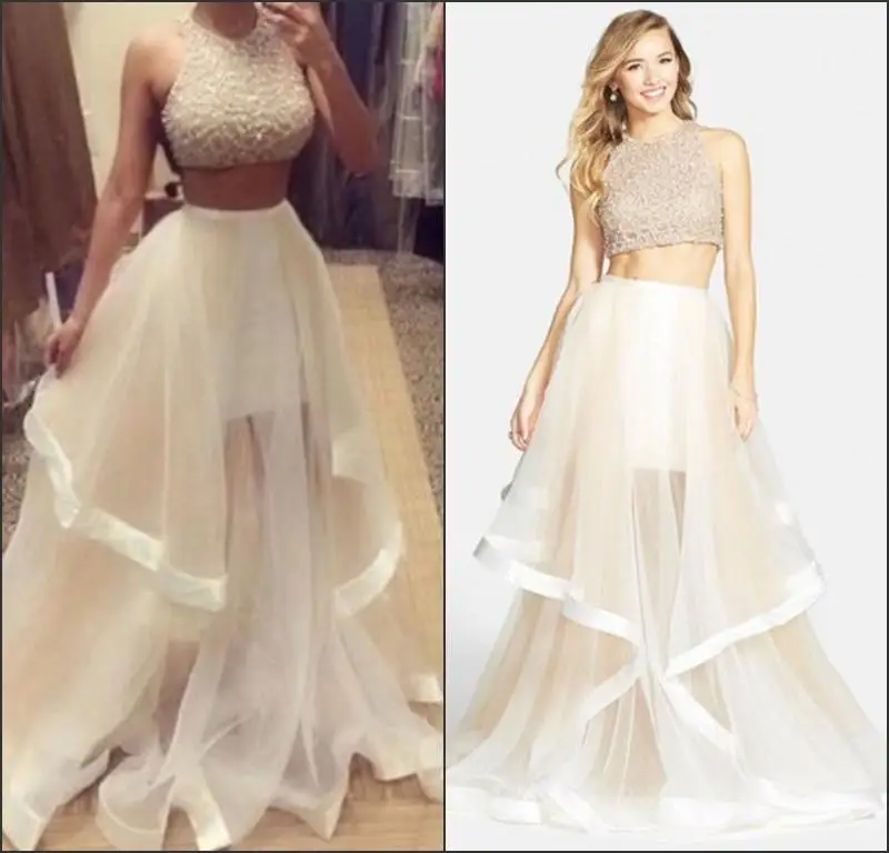 

vestido de festa Two Pieces Prom party gown 2018 Hot New sexy Crew Neck Beads Glitz Organza Ruffles Formal bridesmaid dresses