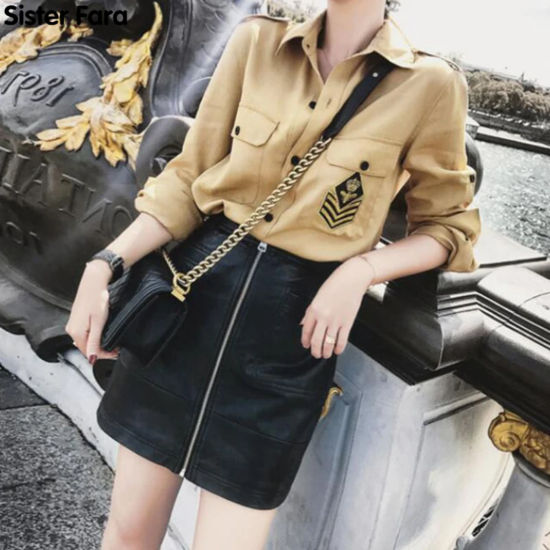 

Sister Fara New Spring 2021 Short Sleeve Shirt Women Set+High Waist Zipper Slim Mini Short Skirt Summer Office Lady 2 Piece Set