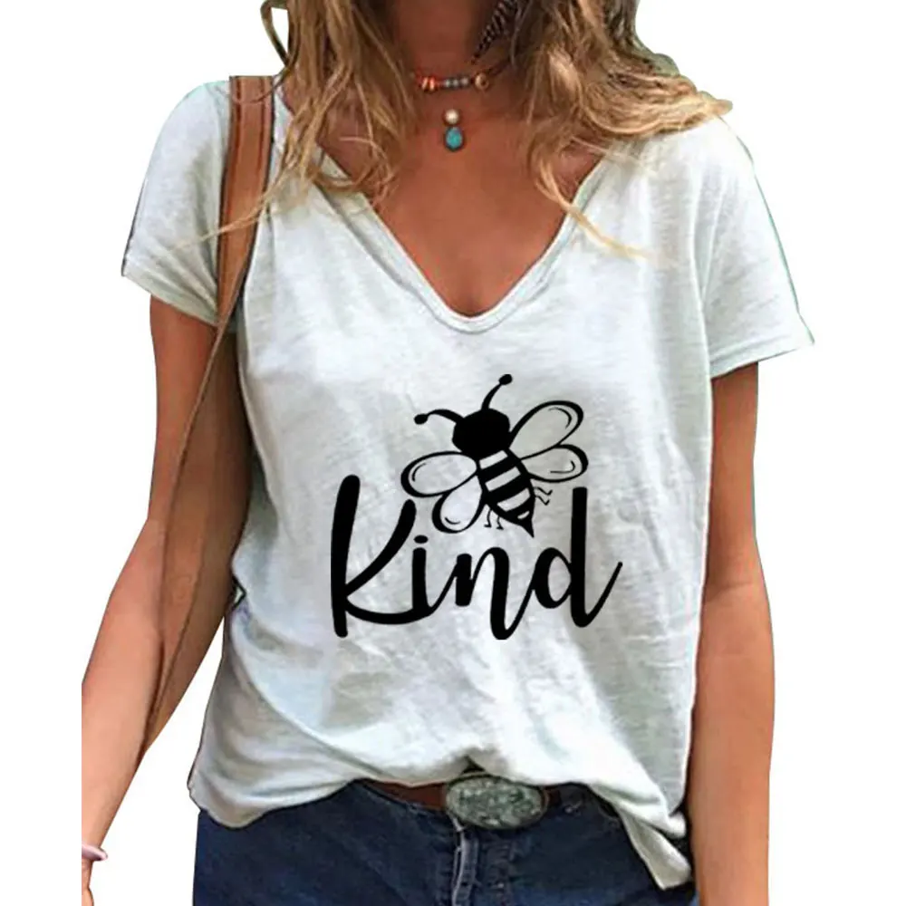

Plus Size Womens Summer Tops Short Sleeve Sexy V Neck T-Shirt Bee Letter Printed Loose Fashion 2021 Female Clothing