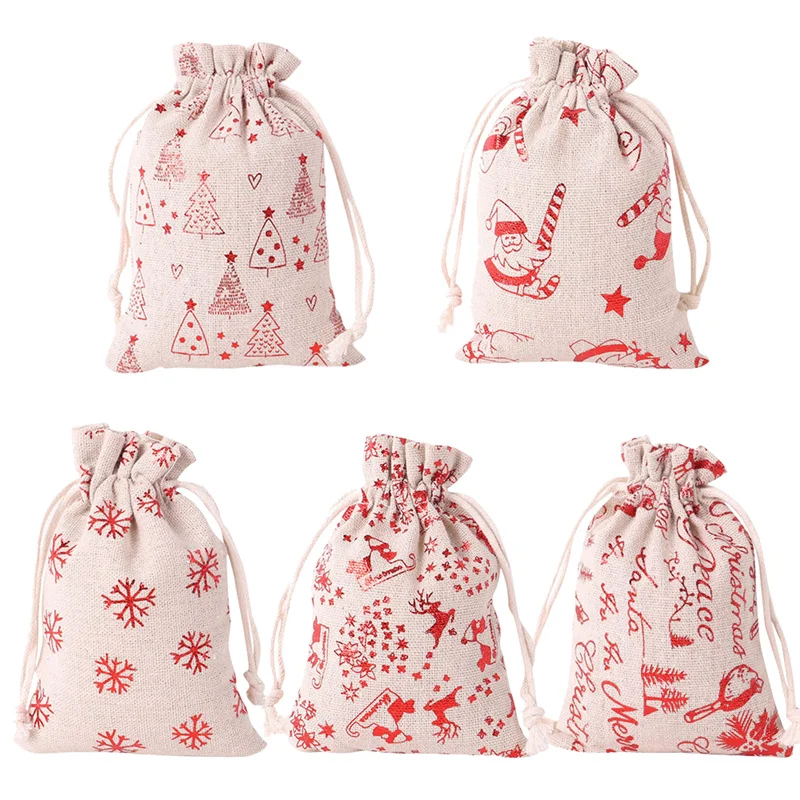 

5pcs Santa Gift Bag Candy Bag Snowflake Crisp Drawstring Bag Merry Christmas Decorations for Home New Year 2021 Noel Presents
